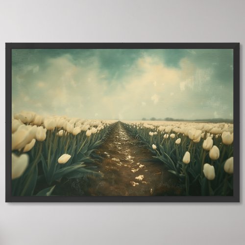 Vintage Oil painting white tulips field rainy sky Framed Art