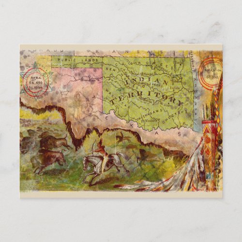 Vintage Oklahoma Pictorial Indian Territory Map  Postcard