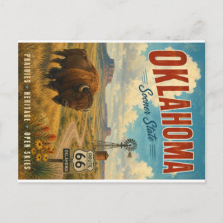 Vintage Oklahoma Route 66 Landscape with Bison and Holiday Postcard