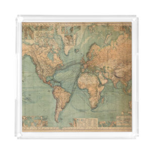 Vintage Old Antique World Map Acrylic Tray