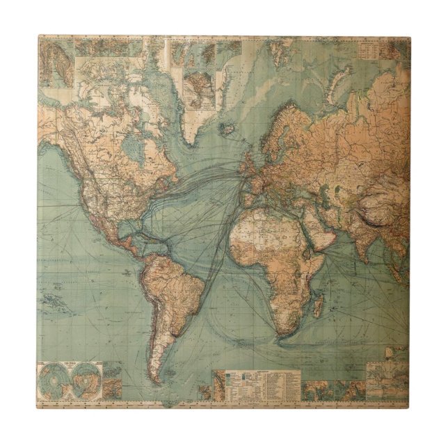 Vintage Old Antique World Map Ceramic Tile (Front)