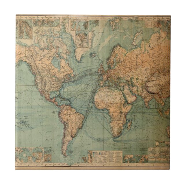 Vintage Old Antique World Map Ceramic Tile (Front)