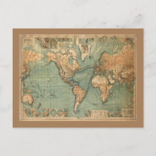 Vintage Old Antique World Map Holiday Postcard