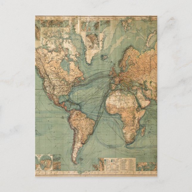 Vintage Old Antique World Map Holiday Postcard (Front)