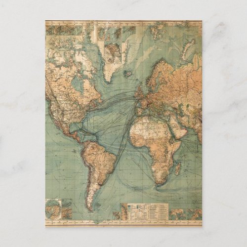 Vintage Old Antique World Map Holiday Postcard