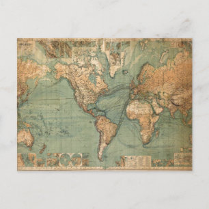 Vintage Old Antique World Map Holiday Postcard