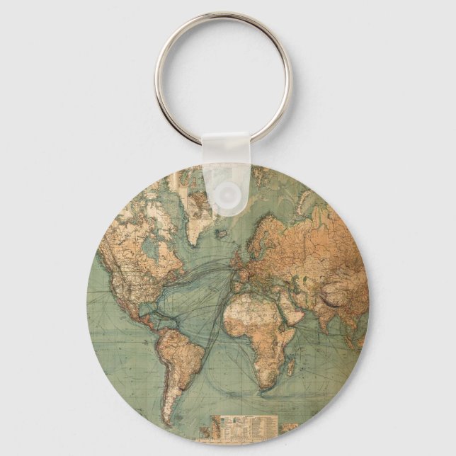 Vintage Old Antique World Map Keychain (Front)