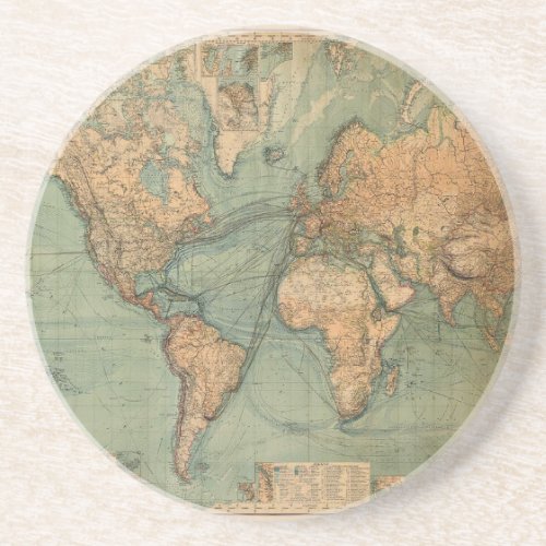Vintage Old Antique World Map Lithograph Elegant Coaster