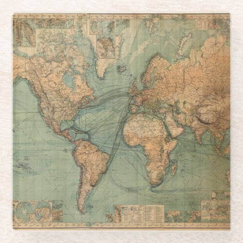 Vintage Old Antique World Map Lithograph Elegant Glass Coaster