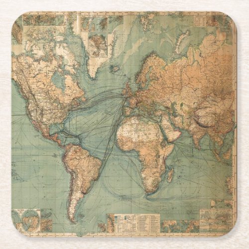 Vintage Old Antique World Map Lithograph Elegant Square Paper Coaster