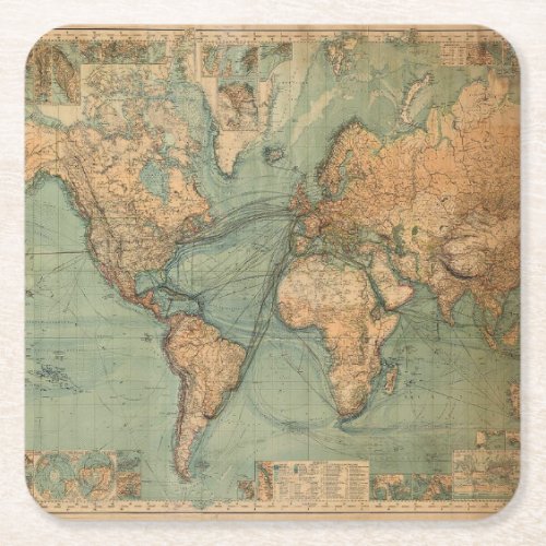 Vintage Old Antique World Map Lithograph Elegant Square Paper Coaster