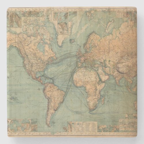 Vintage Old Antique World Map Lithograph Elegant Stone Coaster