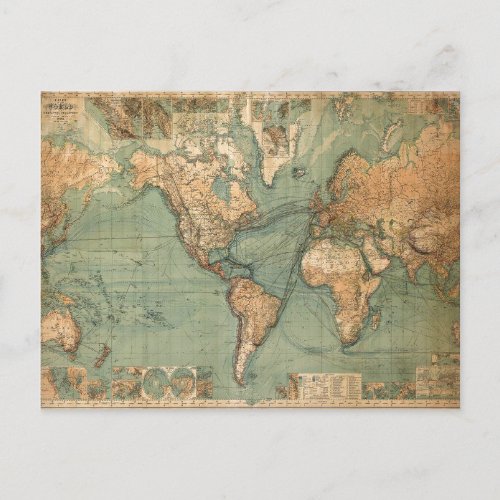 Vintage Old Antique World Map Postcard