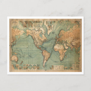 Vintage Old Antique World Map Postcard