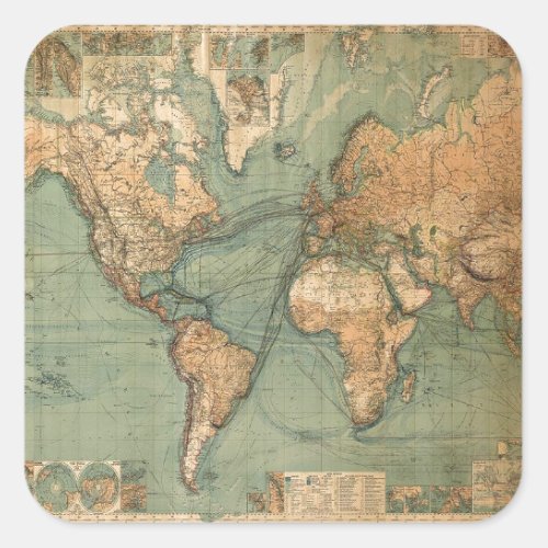 Vintage Old Antique World Map Square Sticker