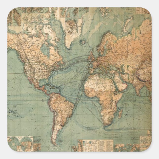 Vintage Old Antique World Map Square Sticker (Front)