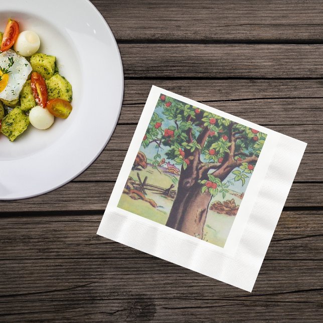 Vintage Old Apple Tree Meadow Field Paper Napkins (Apple tree in field by fence on farm on napkins.)