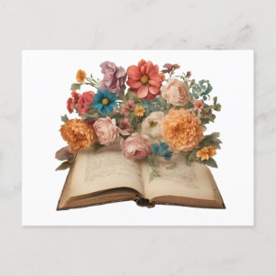 Vintage Old Book and Garden Flowers Postcard