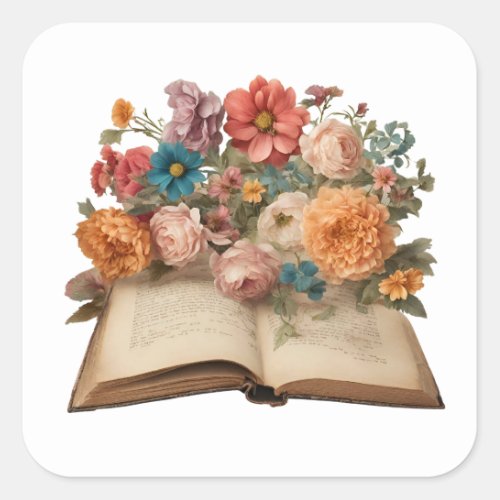 Vintage Old Book and Garden Flowers  Square Sticker