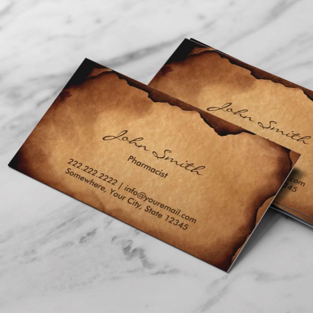 Vintage Old Burned Paper Pharmacist Business Card (Creator Uploaded)