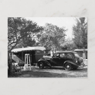 Vintage Old Car (1940 Buick?) and Trailer Florida Postcard