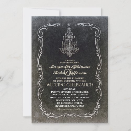 vintage old chandelier black wedding invitations
