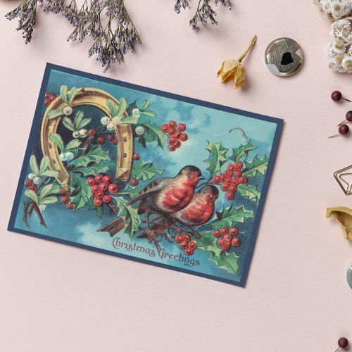 Vintage Old Christmas Blue Birds Berries Horseshoe Holiday Card