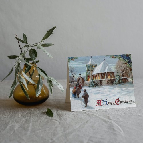 Vintage Old Christmas Winter Church People Outside Holiday Card