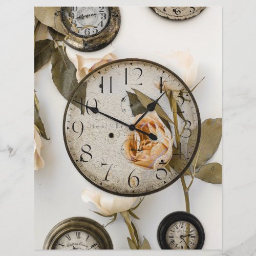 Vintage old clock and white roses and leaves