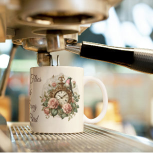 Vintage Old Clock Sage Green Bird Floral Antuque Coffee Mug