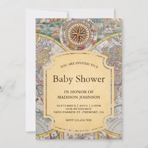 Vintage Old Compass World Map Baby Shower Invitation