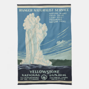 Vintage Old Faithful in Yellowstone National Park Kitchen Towel
