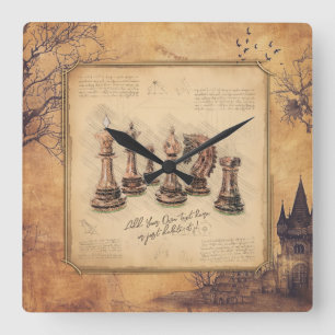 Vintage Old Fashioned Chess Pieces Art Player Gift Square Wall Clock