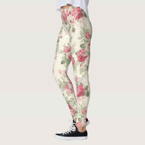 Vintage Old Fashioned Pink and Red Rose on Cream  Leggings