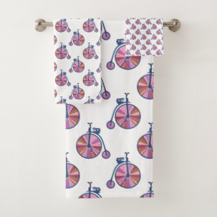 Vintage Old Fashioned Pink Penny Farthing Pattern Bath Towel Set