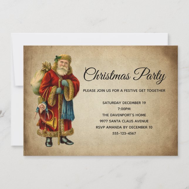 Vintage Old-Fashioned Santa Claus Christmas Party Invitation (Front)