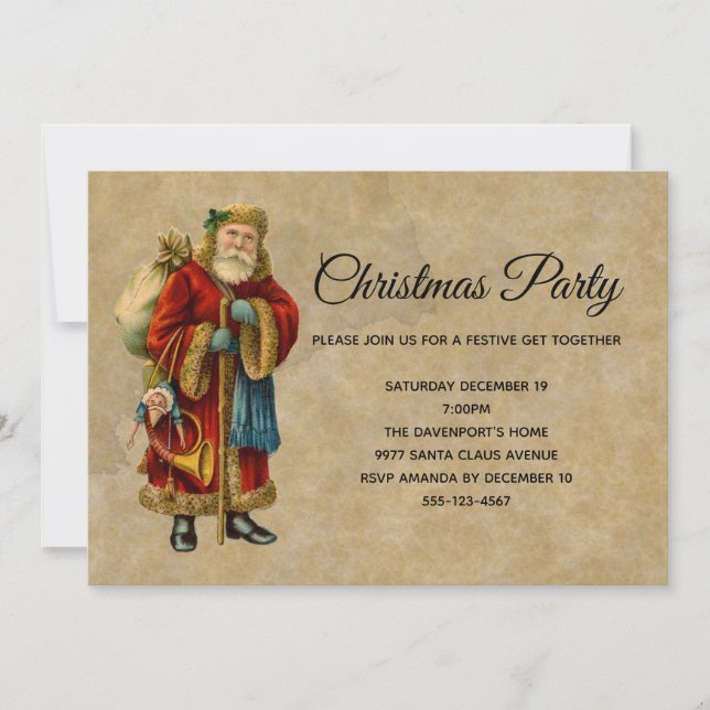 Vintage Old-Fashioned Santa Claus Christmas Party Invitation (Front)