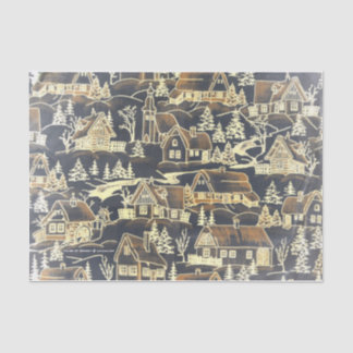 Vintage Old Gold Merry Christmas Holiday Village Tissue Paper
