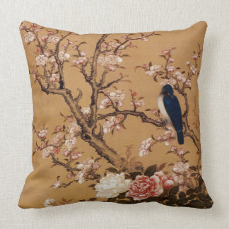 Vintage Old Japanese Painting of A Bird On A Tree Throw Pillow