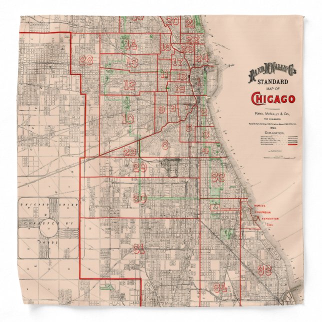 Vintage Old Map of Chicago - 1893 Bandana (Front)