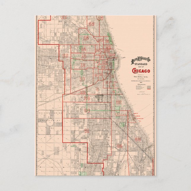 Vintage Old Map of Chicago - 1893 Postcard (Front)