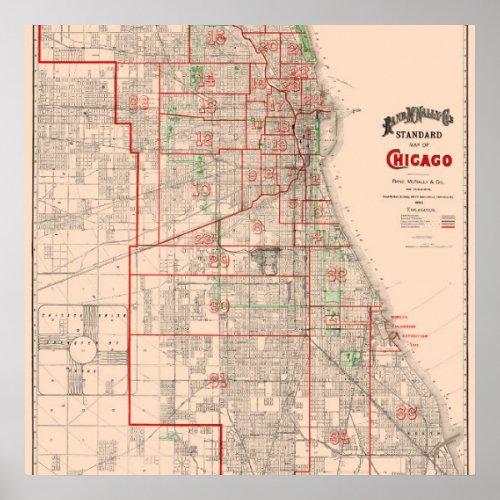 Vintage Old Map of Chicago _ 1893 Poster