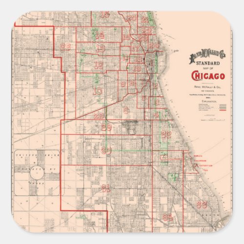 Vintage Old Map of Chicago _ 1893 Square Sticker