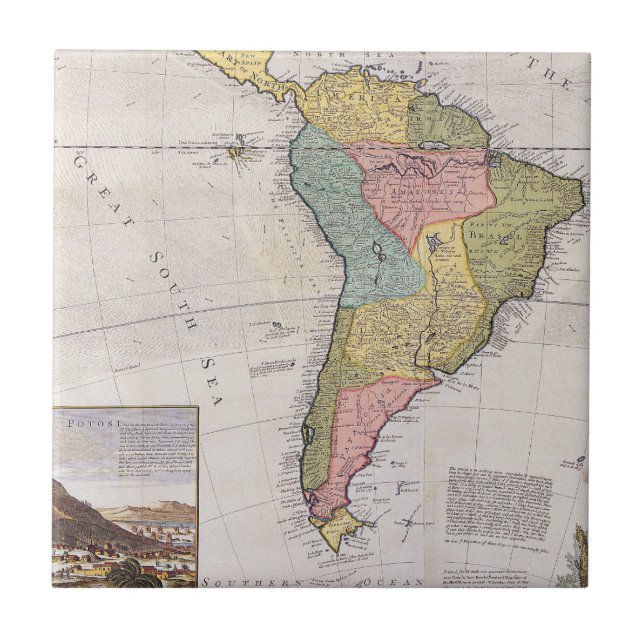 Vintage Old Map with Potosi Silver Engraving Ceramic Tile (Front)