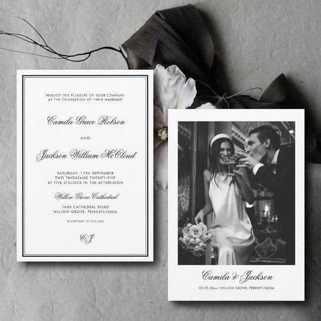 Vintage Old Money Black and White Wedding  Invitation (Creator Uploaded)