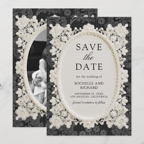 Vintage Old Money Black Ivory Doily Lace Wedding Save The Date