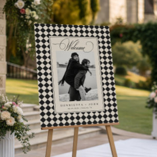 Vintage Old Money Check Photo Wedding Welcome Sign