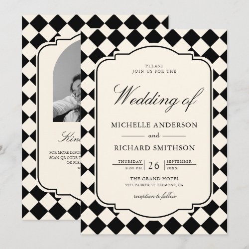 Vintage Old Money Ivory Black Checkered Wedding Invitation