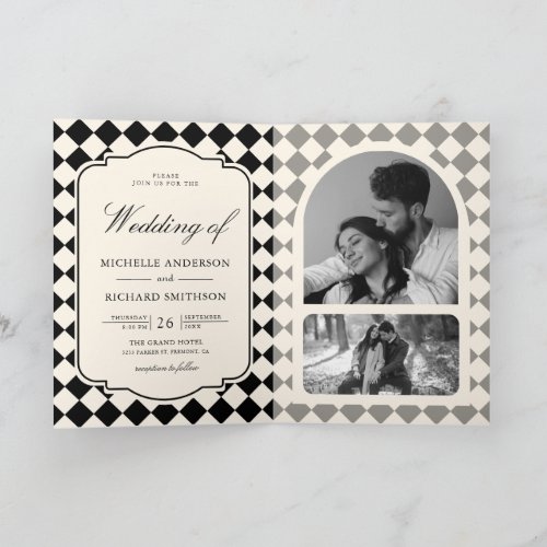 Vintage Old Money Ivory Black Checkered Wedding Invitation