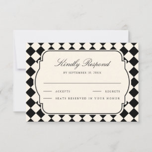 Vintage Old Money Ivory Black Checkered Wedding RSVP Card